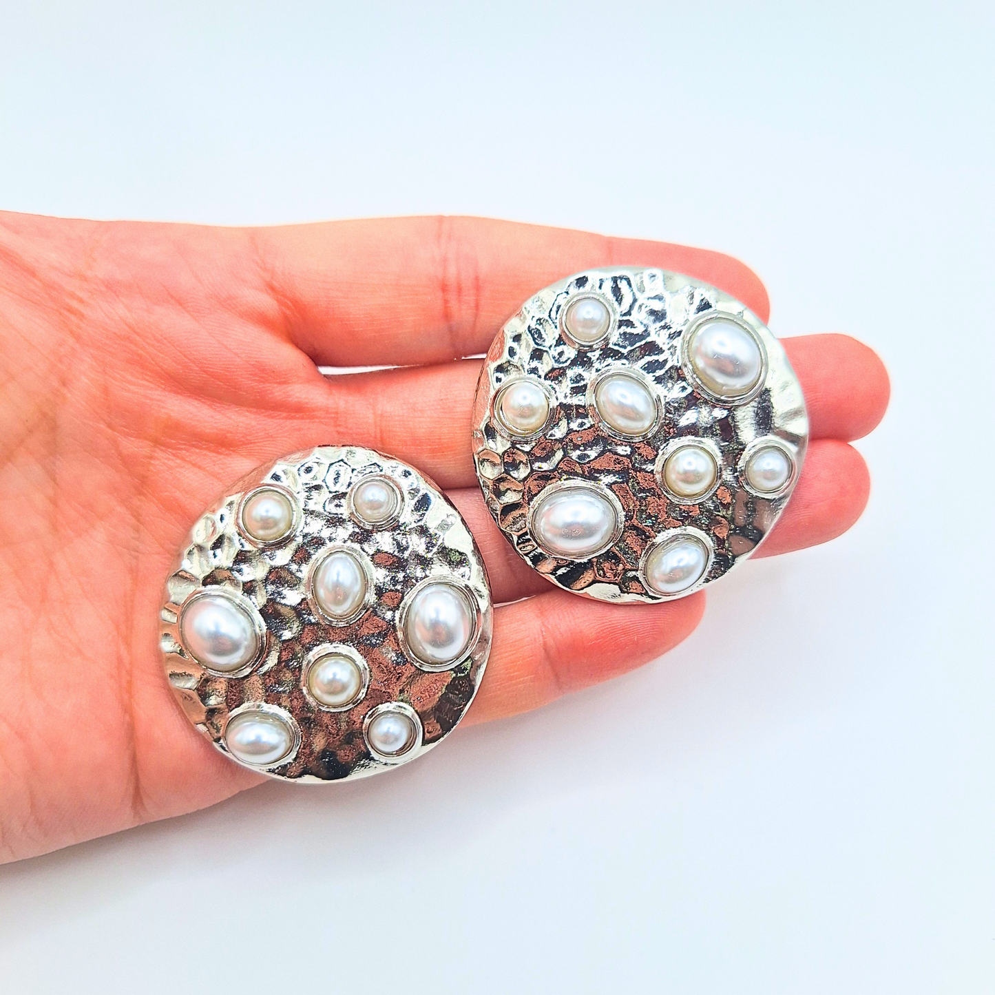 Silver Pearl Disc Earrings