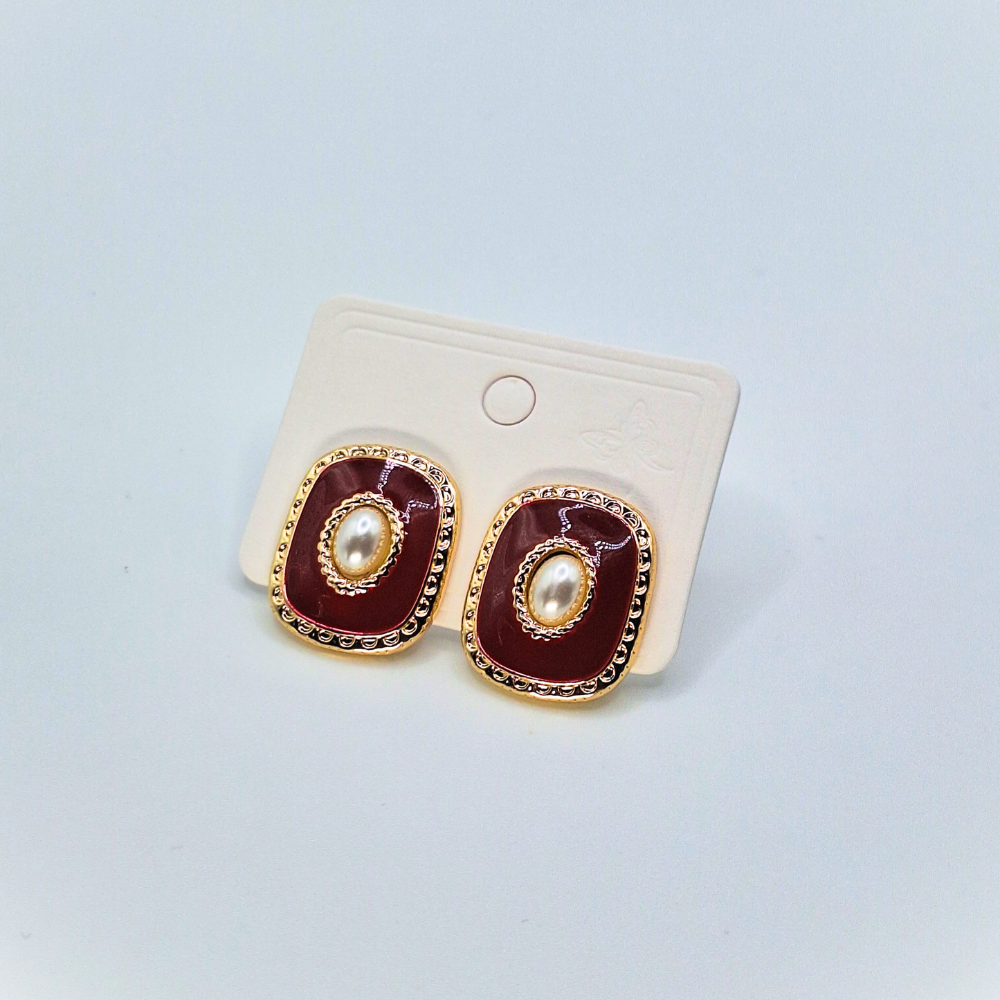 Burgundy Enamel Pearl Gold-Plated Stud Earrings