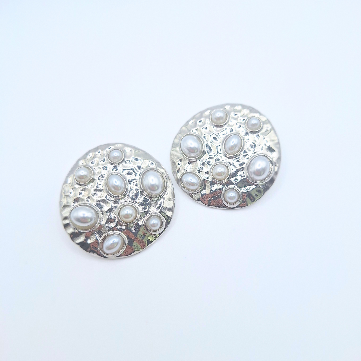 Silver Pearl Disc Earrings