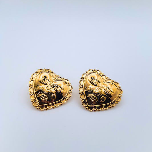 Dreamy Face Heart Gold Earrings